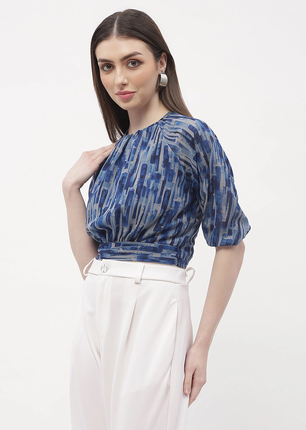 BreathableBack Madame Raglan Sleeve Blue Abstract Print Crop Top