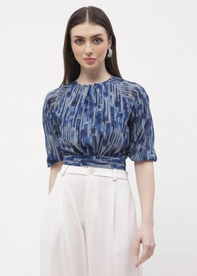 Stretch Blouse TwillWeave Madame Raglan Sleeve Blue Abstract Print Crop Top