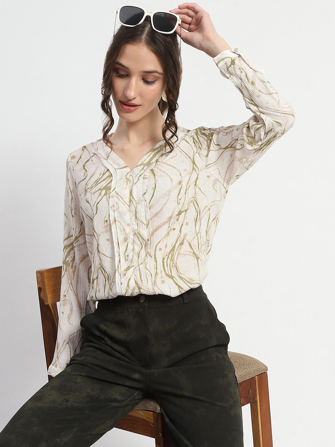 Madame Rayon Blend Abstract Print Green Top Recycled Polyester Material Bound Seam Edges