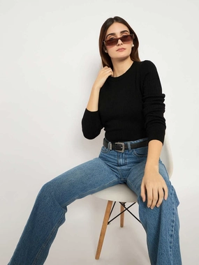 UV Protective Coating Compact Travel Design Madame Ribbed Cuffs Round Neck Black Sweater