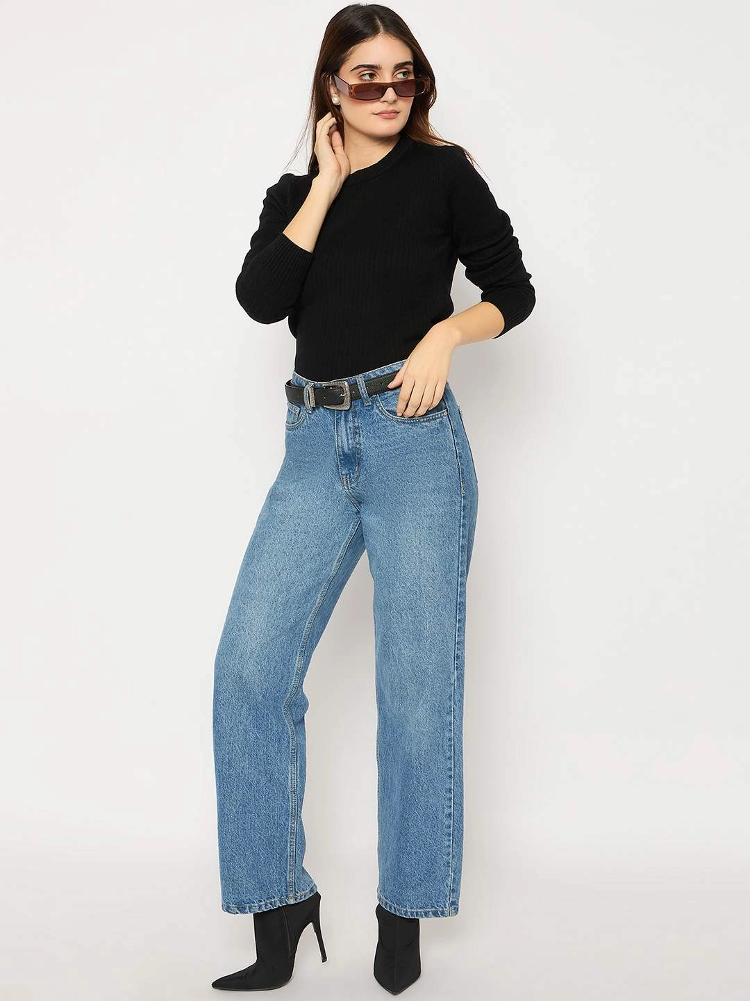 Comfy Vibes Cozy Design Madame Ribbed Cuffs Round Neck Black Sweater