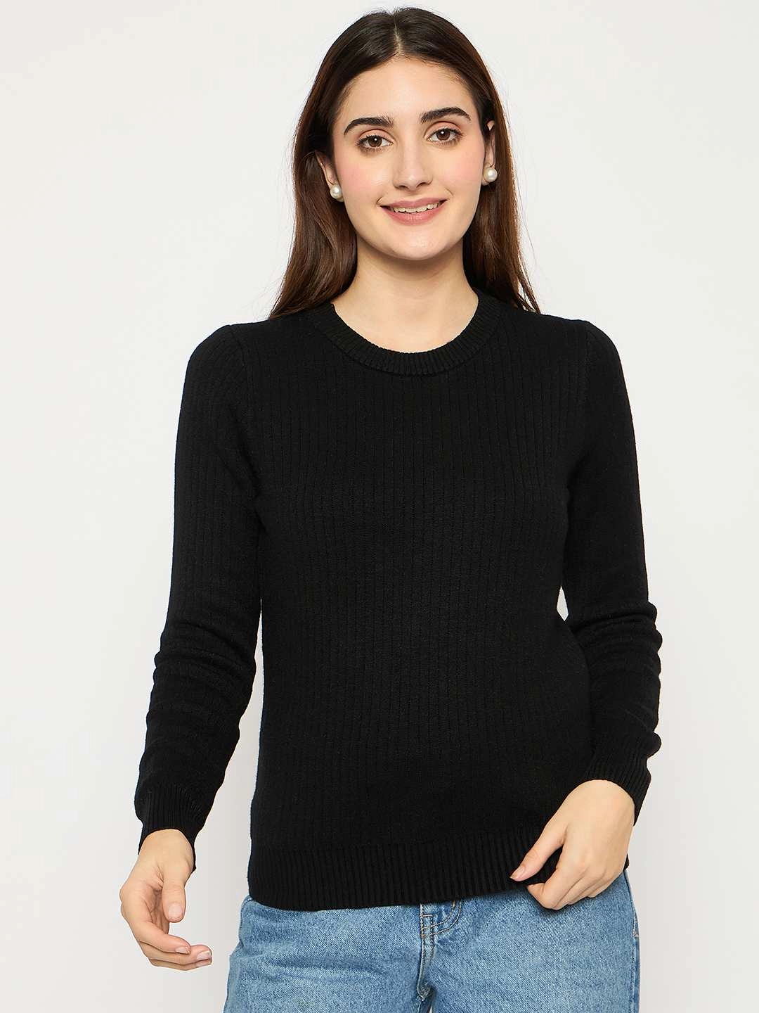 Madame Ribbed Cuffs Round Neck Black Sweater Low Maintenance Care Outdoor Layers