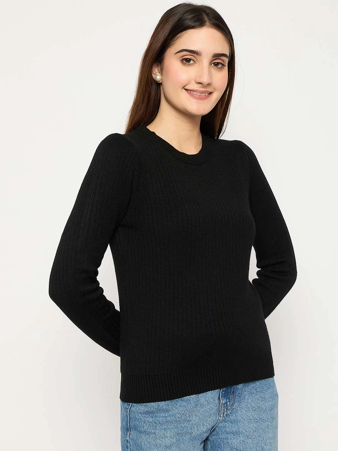 Soft Lining Effortless Layer Madame Ribbed Cuffs Round Neck Black Sweater