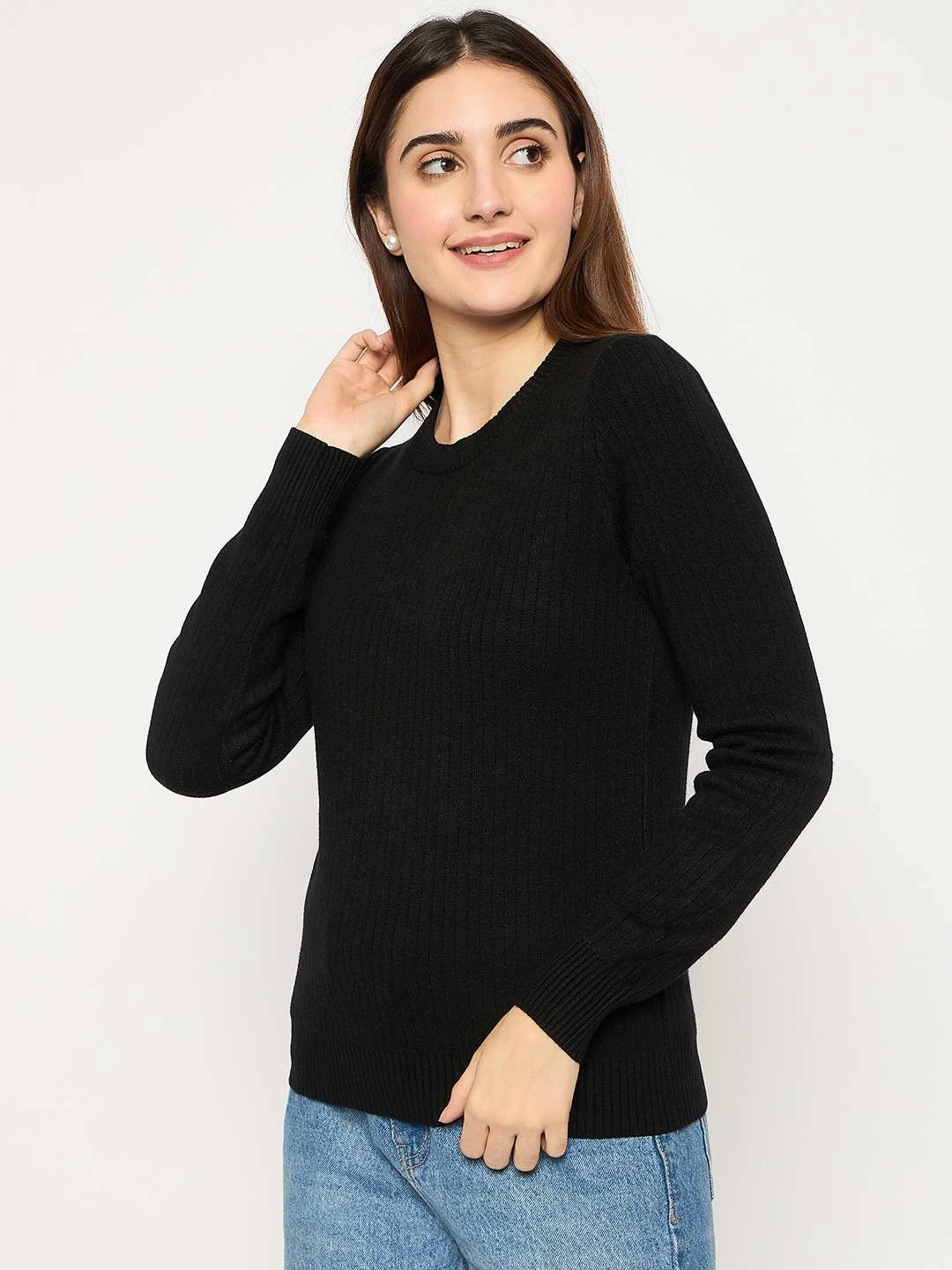 Madame Ribbed Cuffs Round Neck Black Sweater Warm & Soft