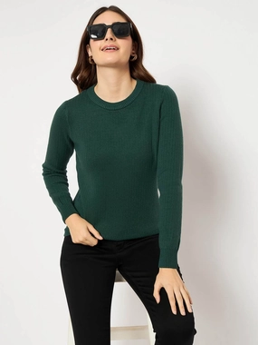 Madame Ribbed Cuffs Round Neck Bottle Green Sweater Light Reflective Trim Fashionable Knit
