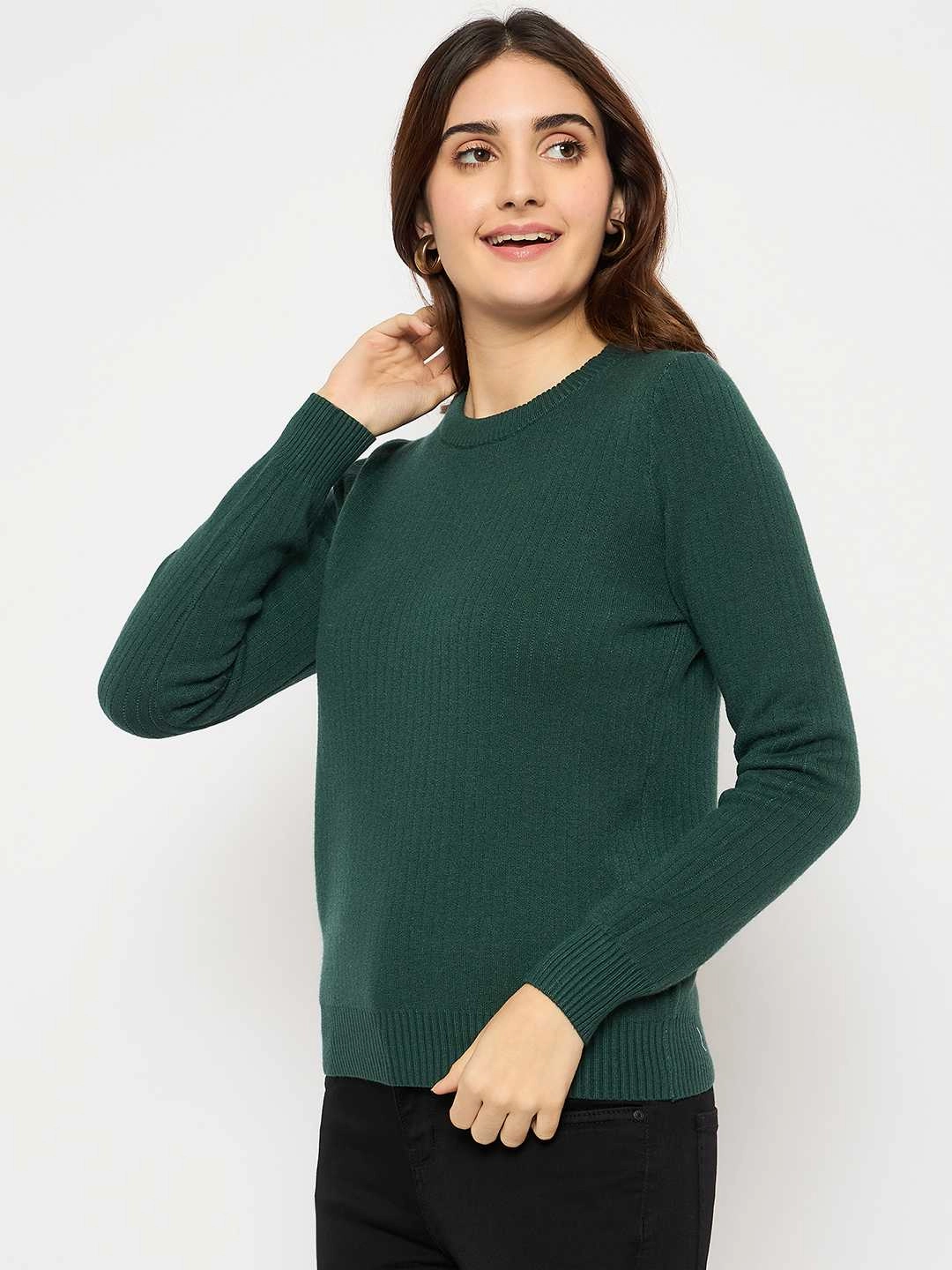 Madame Ribbed Cuffs Round Neck Bottle Green Sweater Fine Gauge Knit Cozy Style