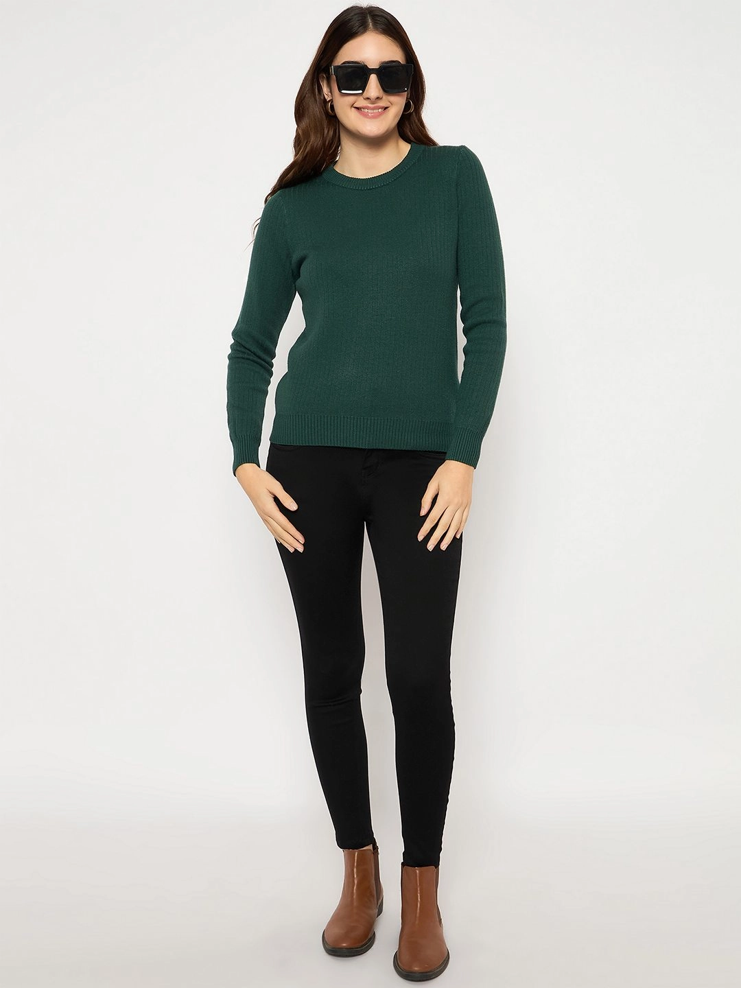 Madame Ribbed Cuffs Round Neck Bottle Green Sweater Stretchable Design Cozy Wearable