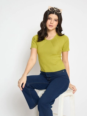 Hybrid Fabric Blend Madame Ribbed Sold Green Knitted Crop Top