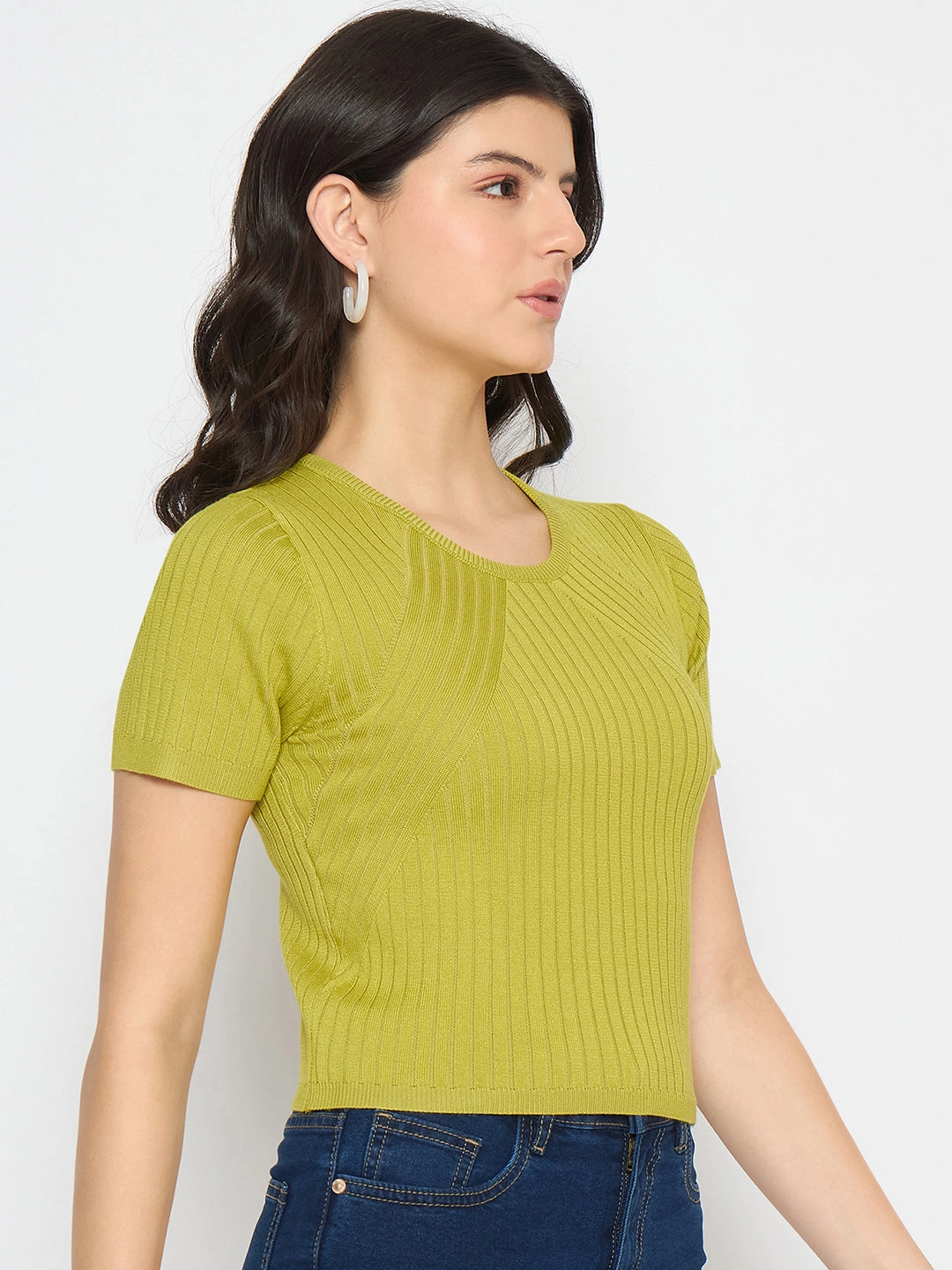 Madame Ribbed Sold Green Knitted Crop Top HighDensity Knit Double Stitched Hem