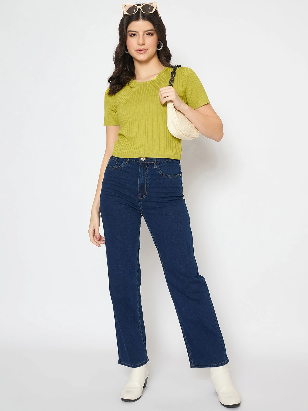 Madame Ribbed Sold Green Knitted Crop Top Mesh Lining Machine Washable Fabric