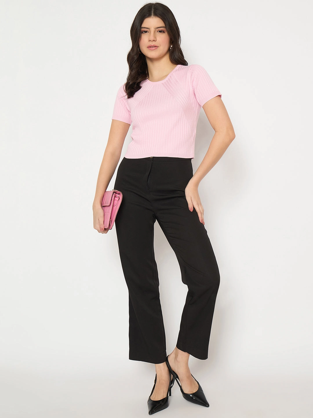 Madame Ribbed Sold Pink Knitted Crop Top Anti Microbial Lining Simple Cut