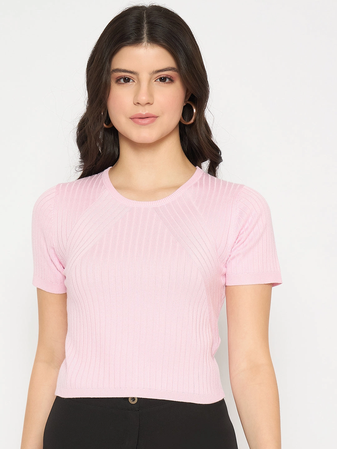 Madame Ribbed Sold Pink Knitted Crop Top LightweightLayeredFabric