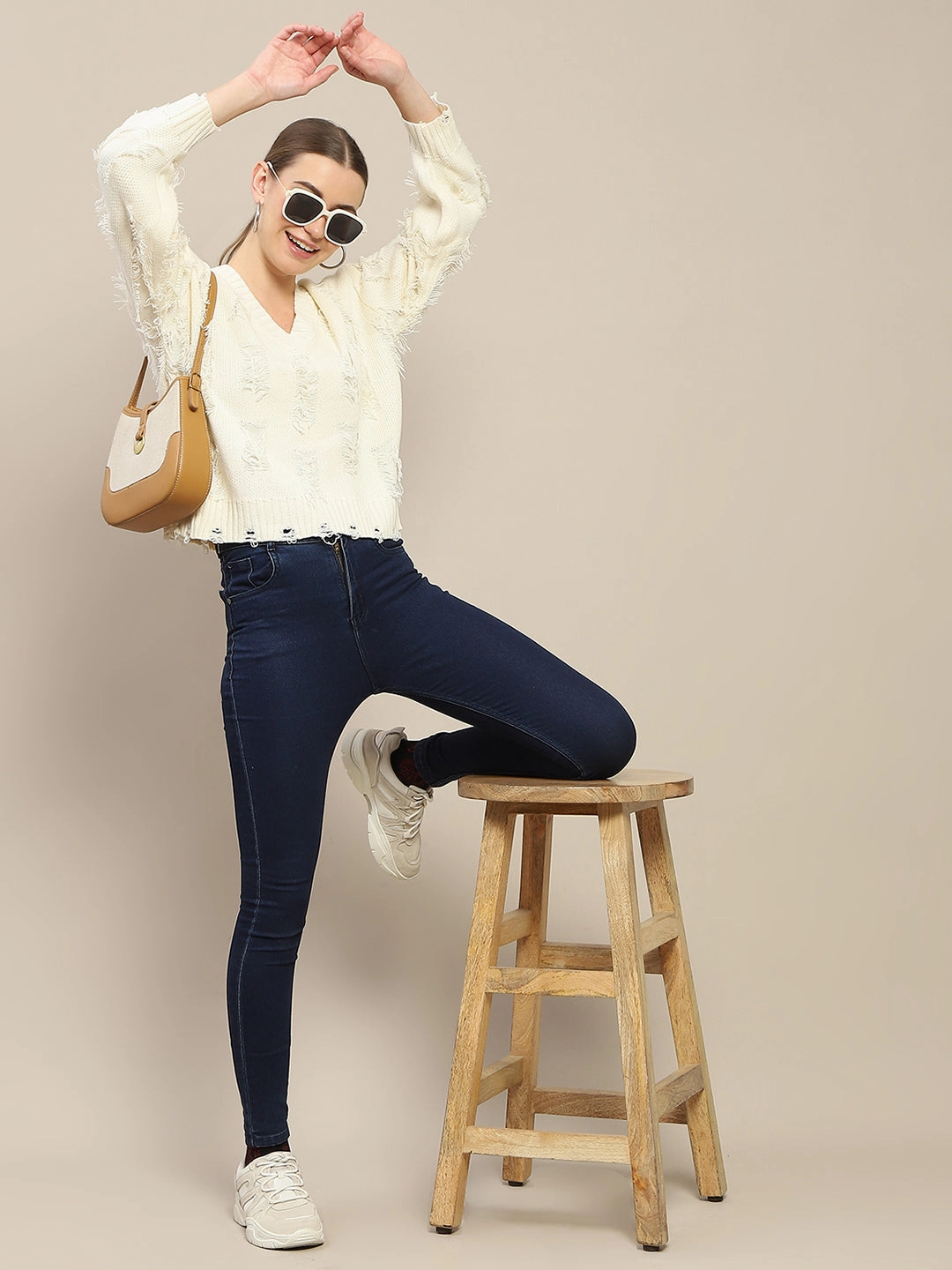Madame Ripped Knitted V Neck Off White Sweater Comfortable fit