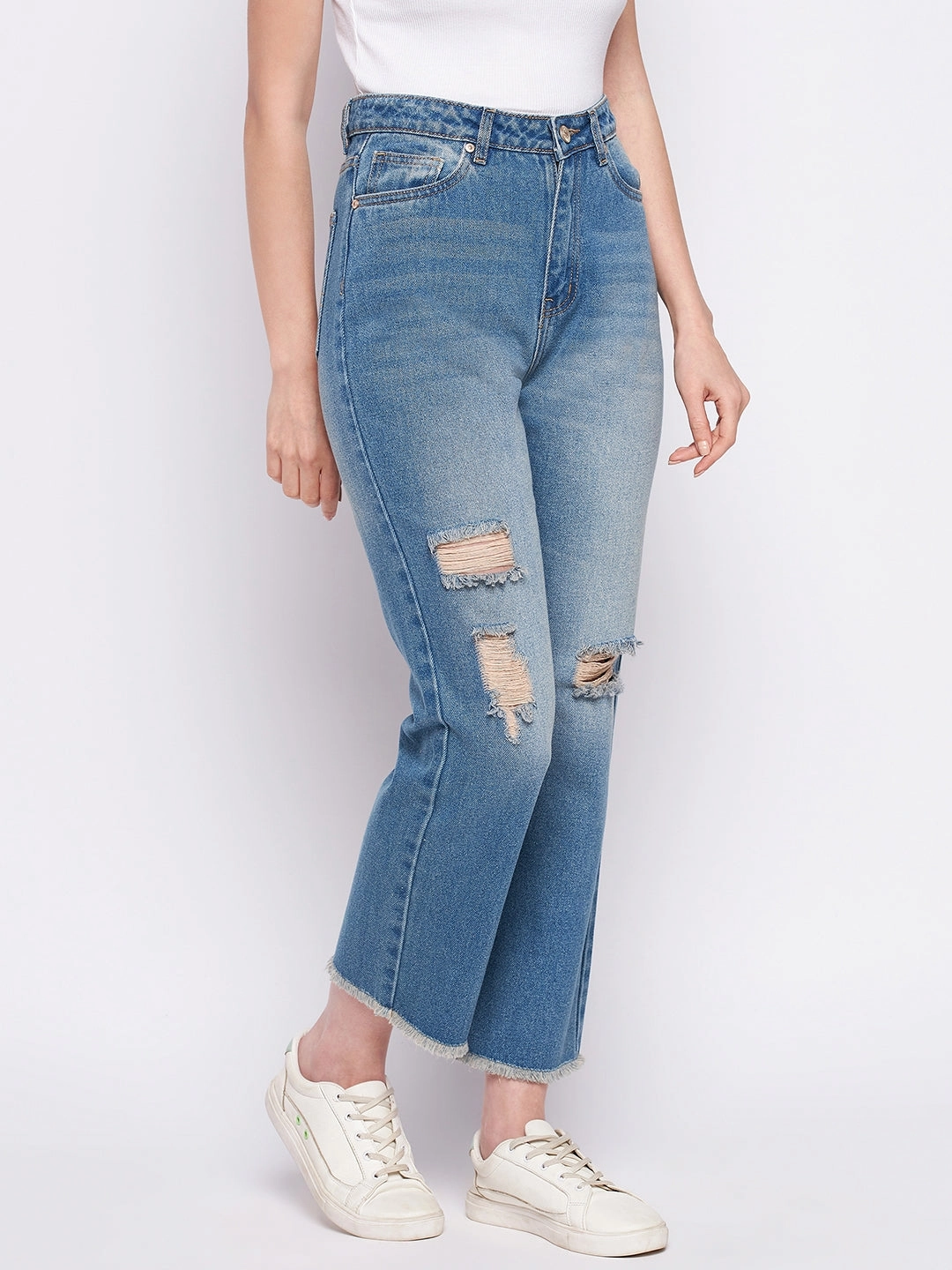 Minimalist Styling Casual Luxury Winter Warmth Madame Ripped Mi-Rise Double Wash Flared Jeans