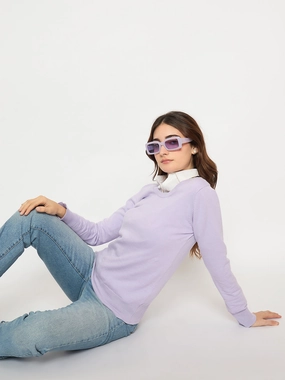 Soft Knit Light Stretch Madame Round Neck Ribbed Cuff Mauve Sweater