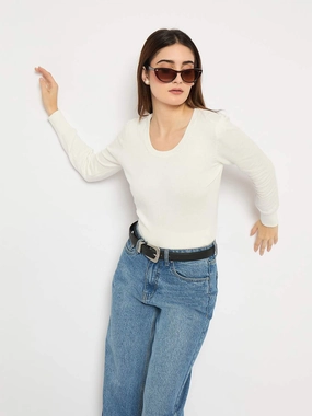 Double Layered Knit Performance Layer Wear Madame Round Neck Ribbed Cuff Off White Sweater