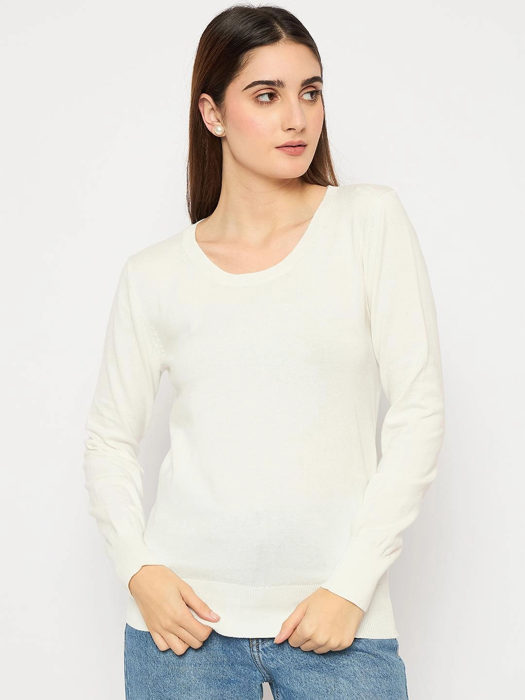 Madame Round Neck Ribbed Cuff Off White Sweater Winter Ready Layer
