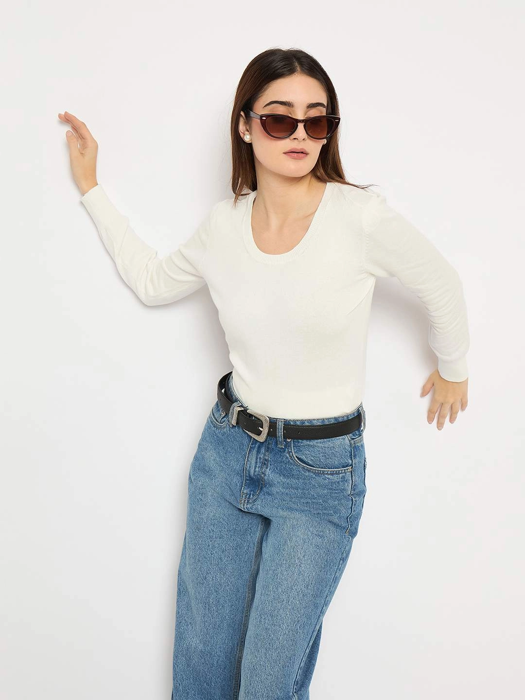 Double Layered Knit Performance Layer Wear Madame Round Neck Ribbed Cuff Off White Sweater