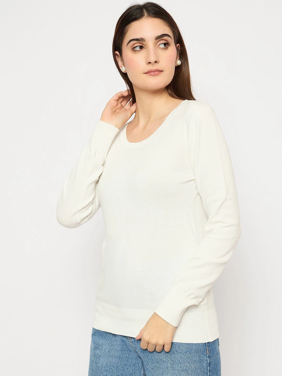 Madame Round Neck Ribbed Cuff Off White Sweater Casual Comfort Layer