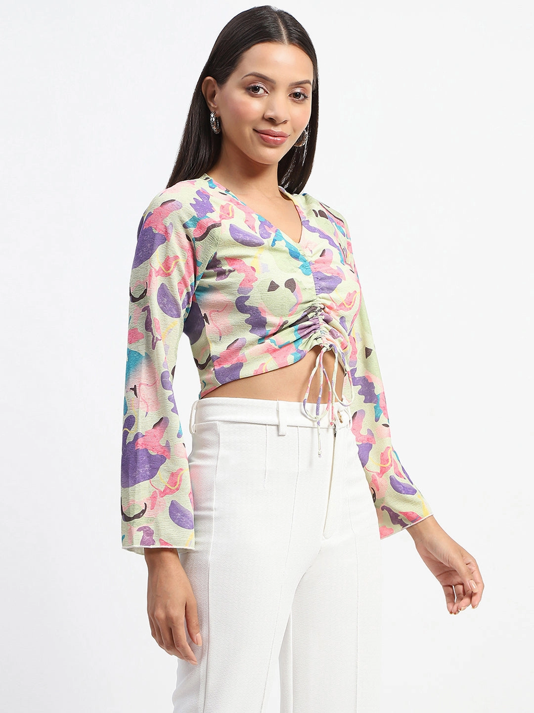 Brushed Microfiber Surface ReinforcedStitching Madame Ruched Abstract Print Bell Sleeves Lilac Crop Top