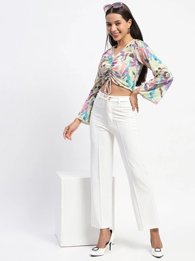Glow In The Dark Accent Trim Casual dress Madame Ruched Abstract Print Bell Sleeves Lilac Crop Top