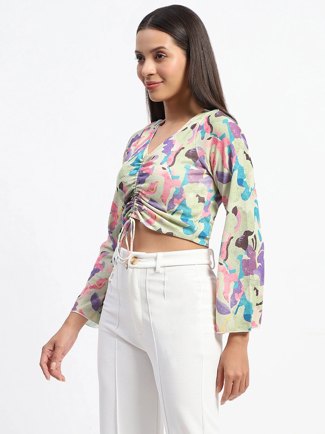 Madame Ruched Abstract Print Bell Sleeves Lilac Crop Top Hydrophobic Surface Treatment