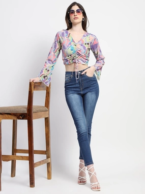 Tagless Labeling NonIrritating Madame Ruched Abstract Print Bell Sleeves Lilac Crop Top