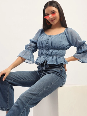 Madame Ruched Detailing Blue Peplum Top Breathable3DKnit AbrasionResistant