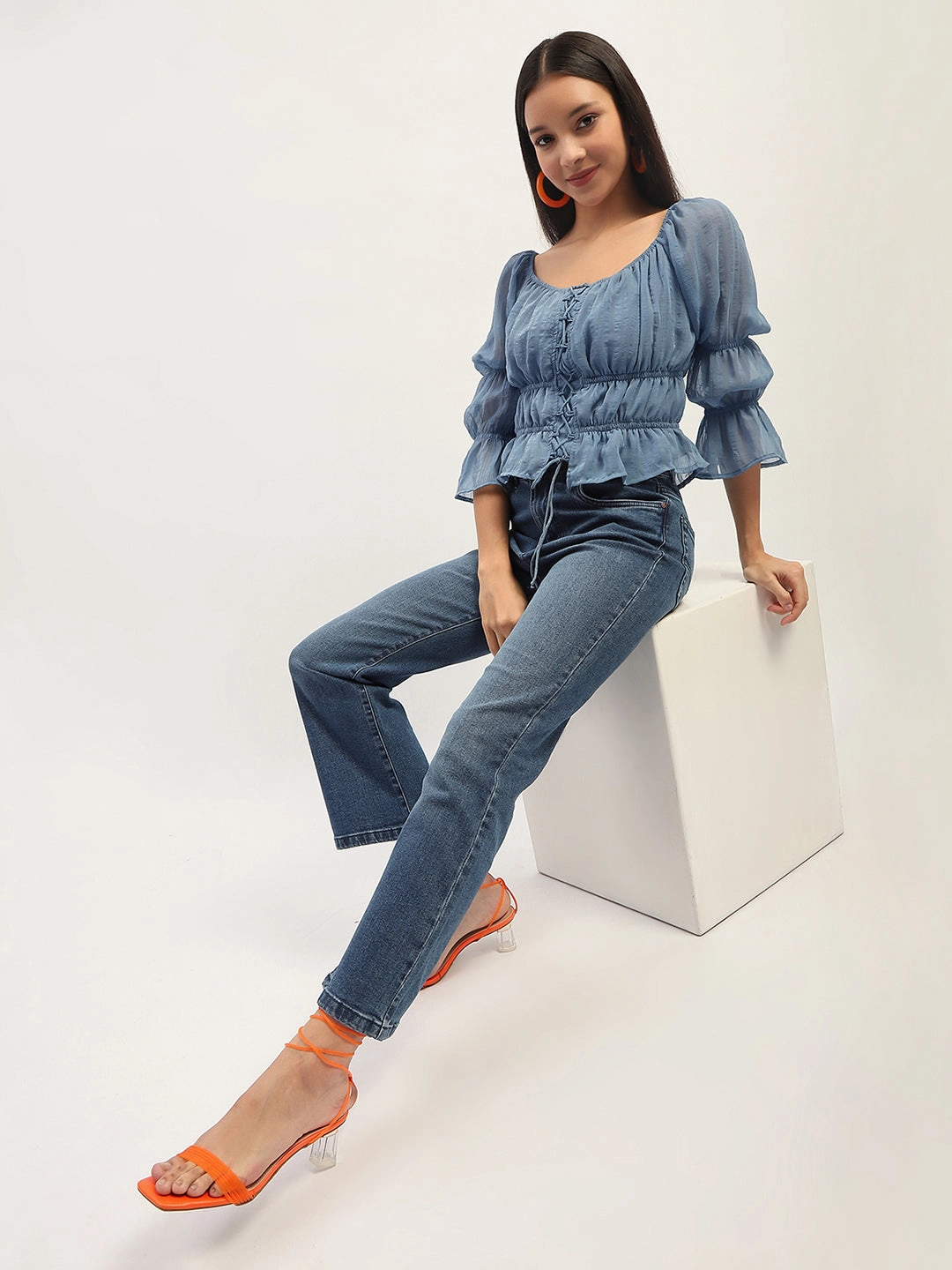 Bold Design Madame Ruched Detailing Blue Peplum Top