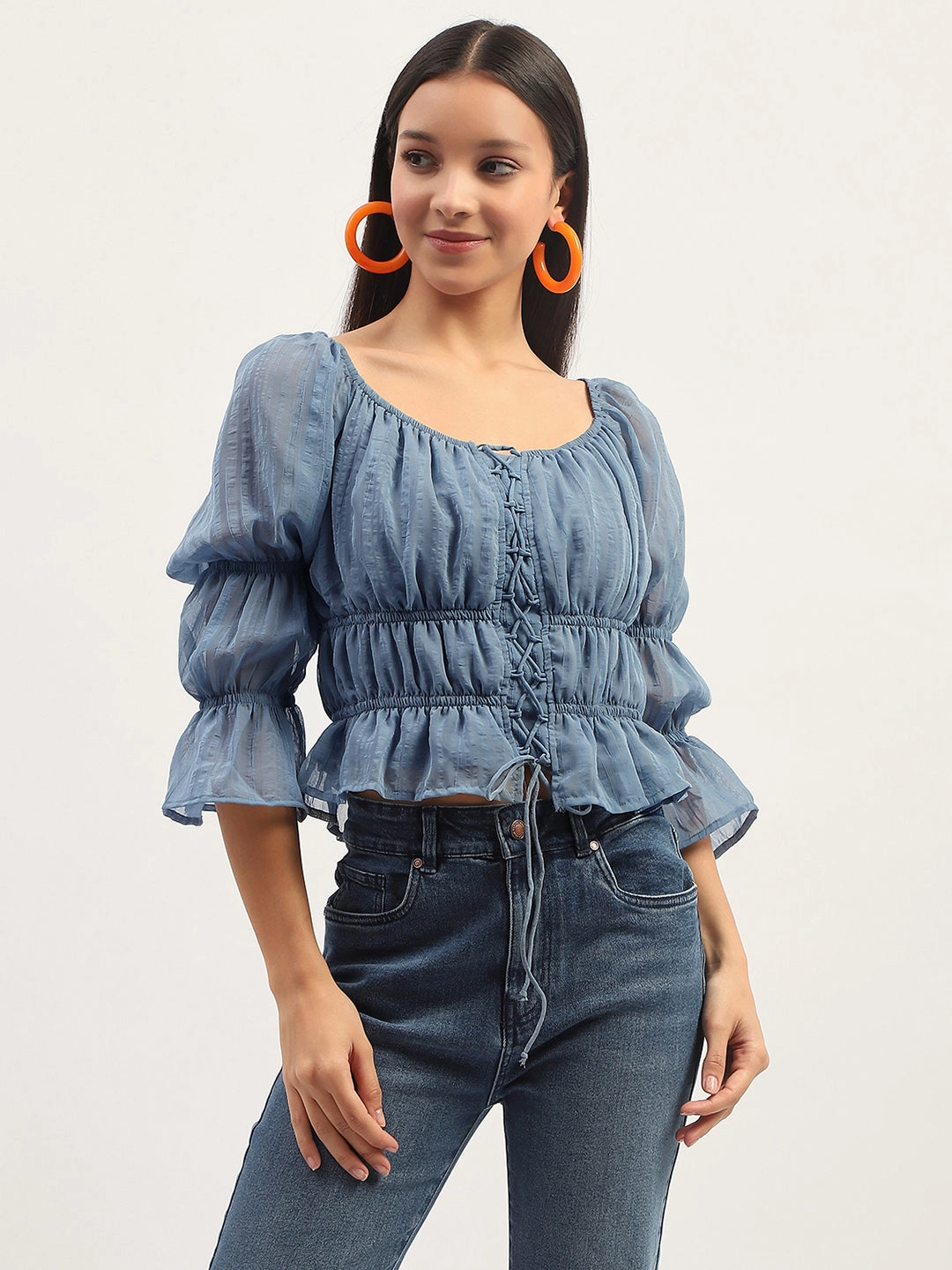 Madame Ruched Detailing Blue Peplum Top Glow In The Dark Accent Trim