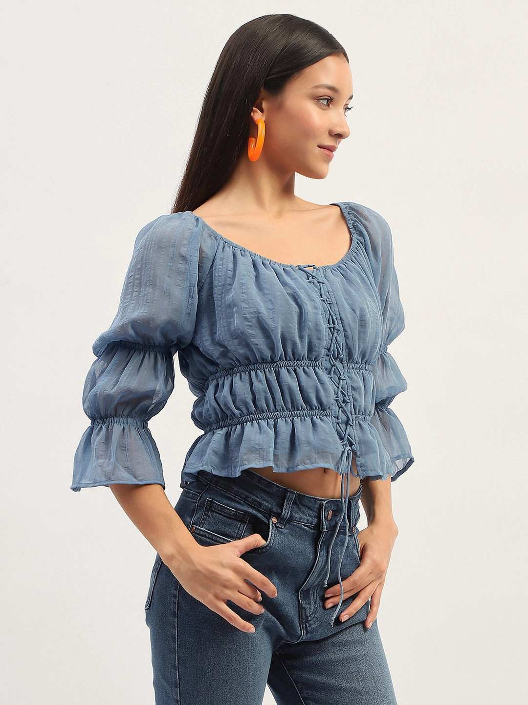 YarnDyedFabric Soft Cotton Blend Madame Ruched Detailing Blue Peplum Top