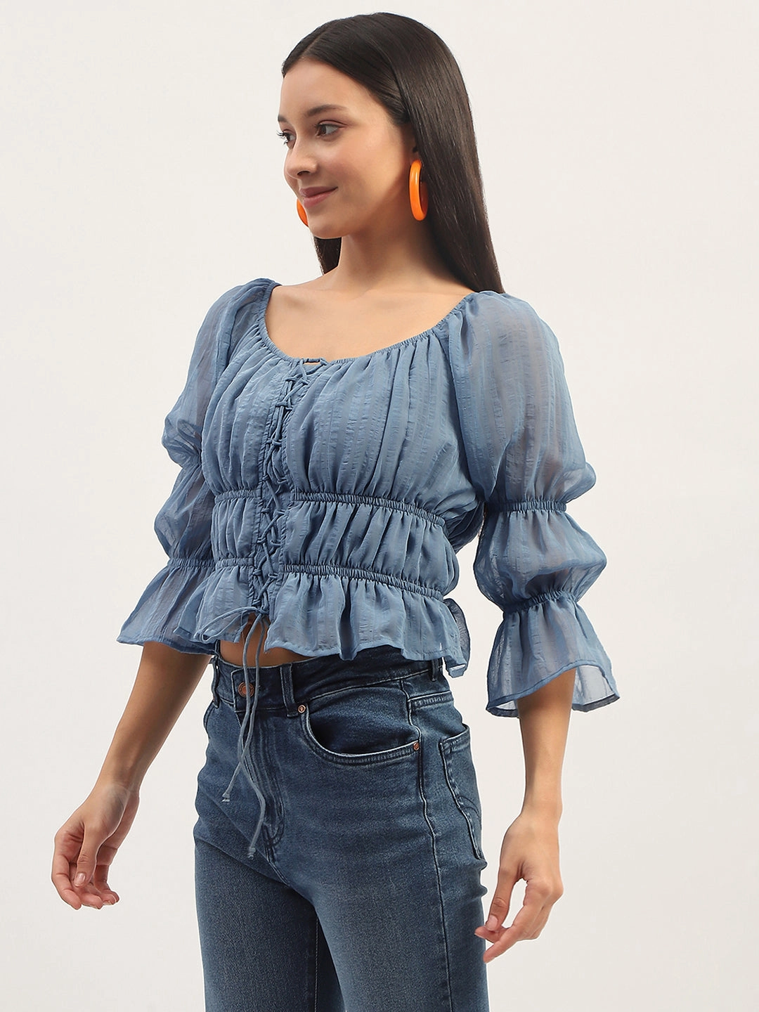 Madame Ruched Detailing Blue Peplum Top Classic Polo VentilatedBack