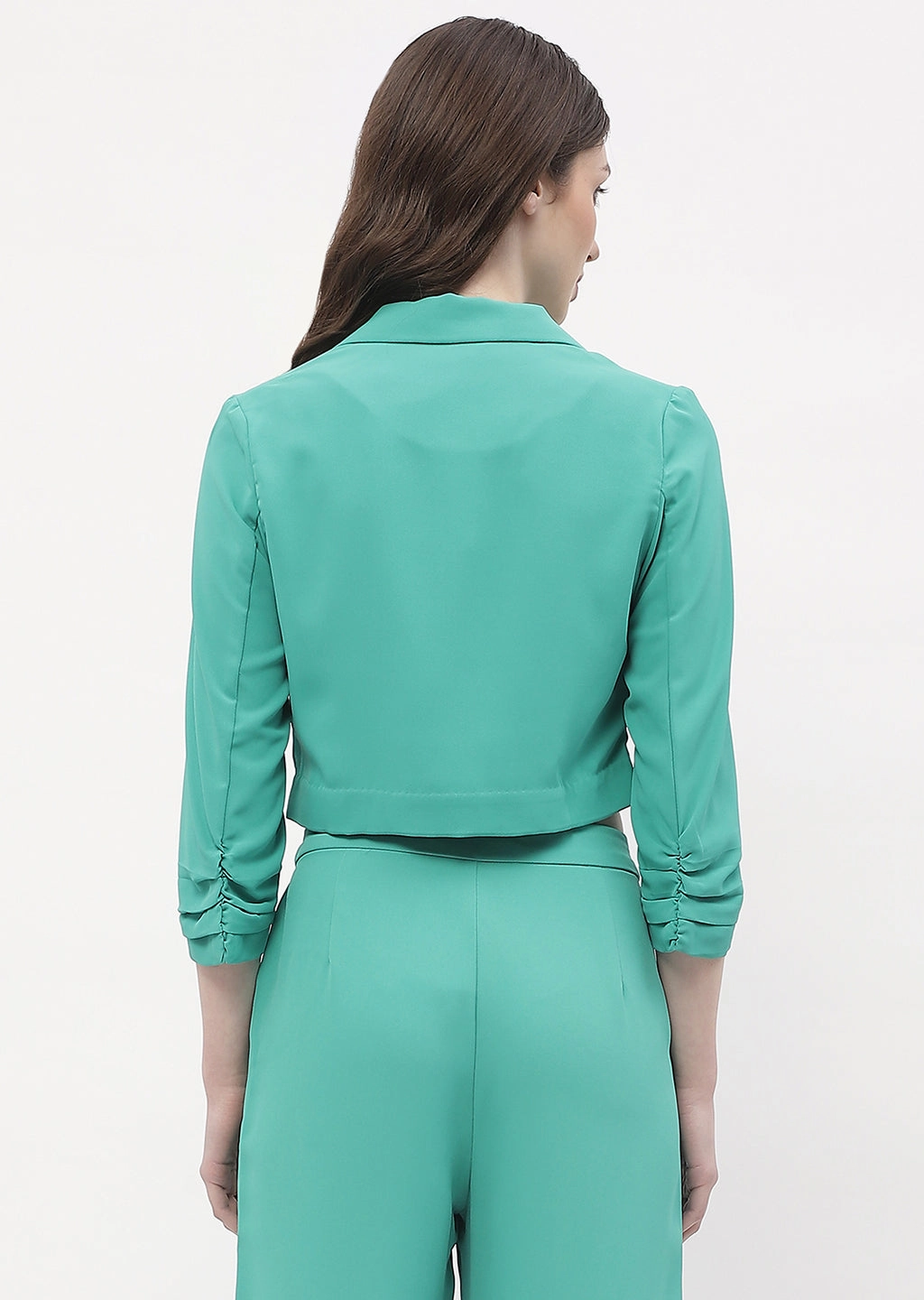 Breathable Material Double Layered Hood Madame Ruched Sleeve Green Lapel Collar Crop Blazer