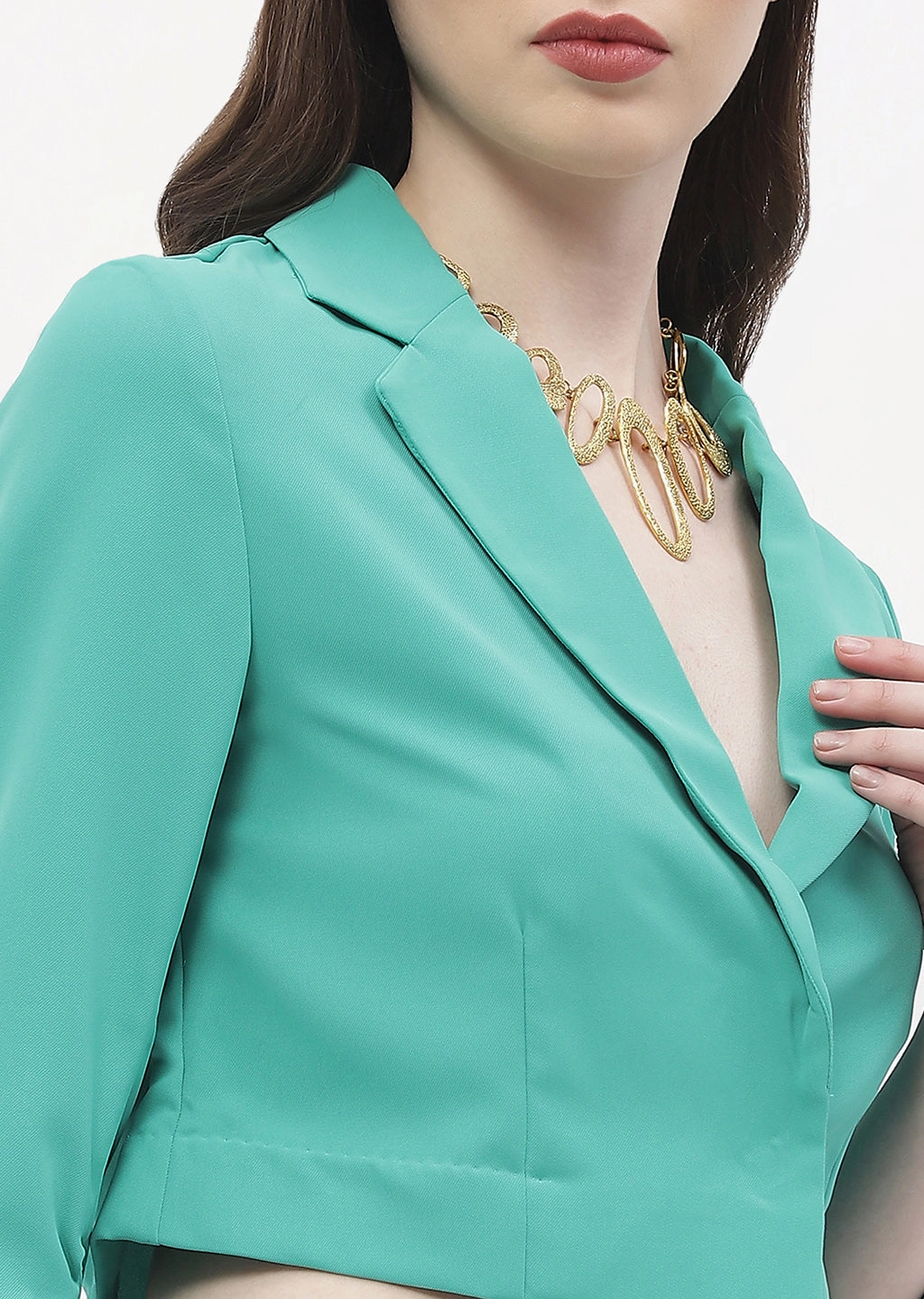 Madame Ruched Sleeve Green Lapel Collar Crop Blazer Survival Use