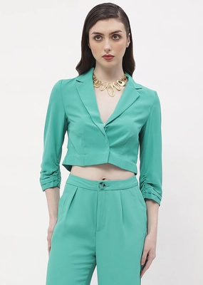 Double stitching AntiStaticFinish Madame Ruched Sleeve Green Lapel Collar Crop Blazer