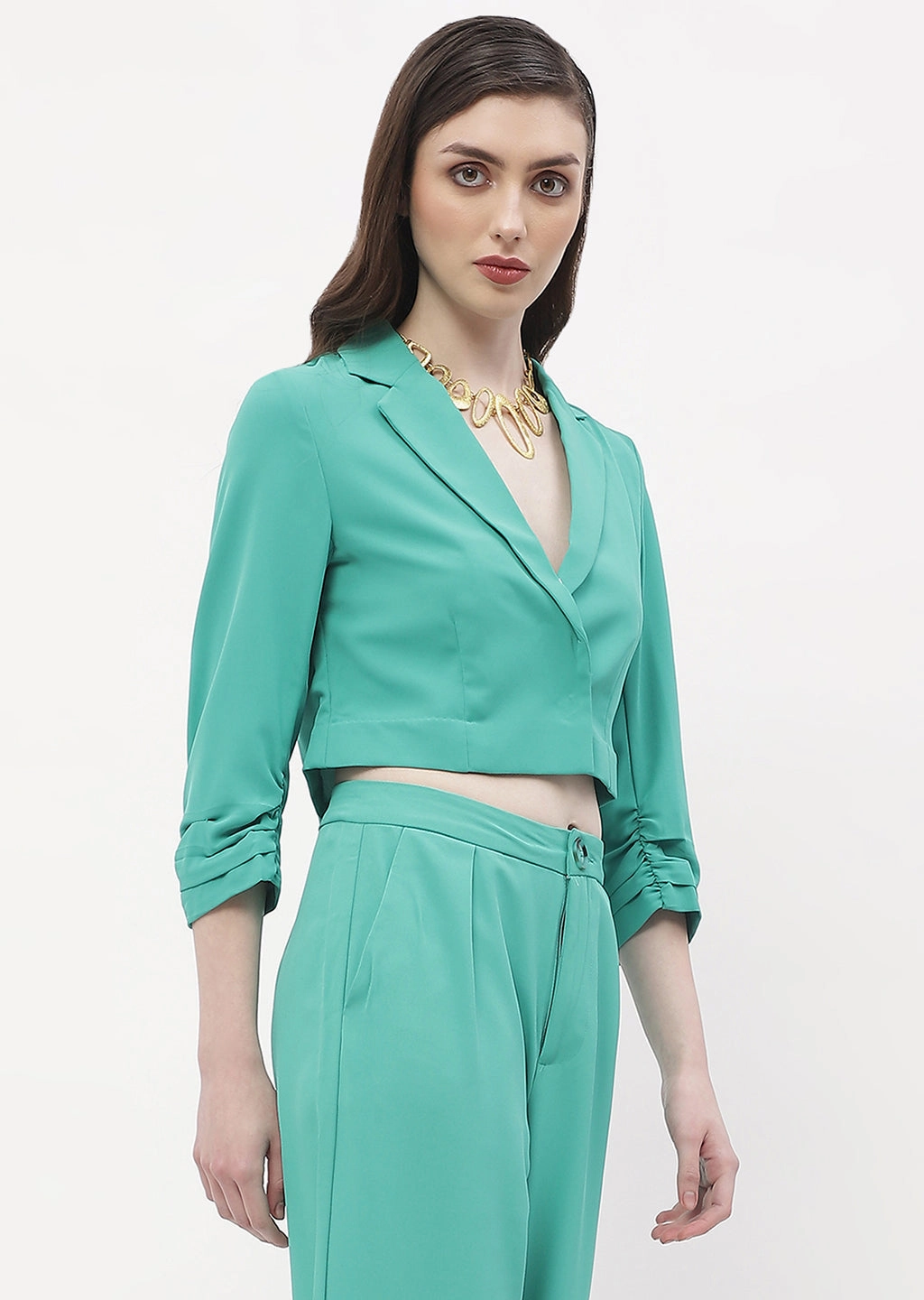 SiliconeGrip Madame Ruched Sleeve Green Lapel Collar Crop Blazer