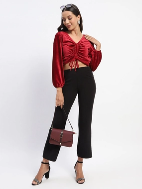 Versatile Layering Cut Madame Ruched V Neck Puff Sleeve Velvet Crop Top