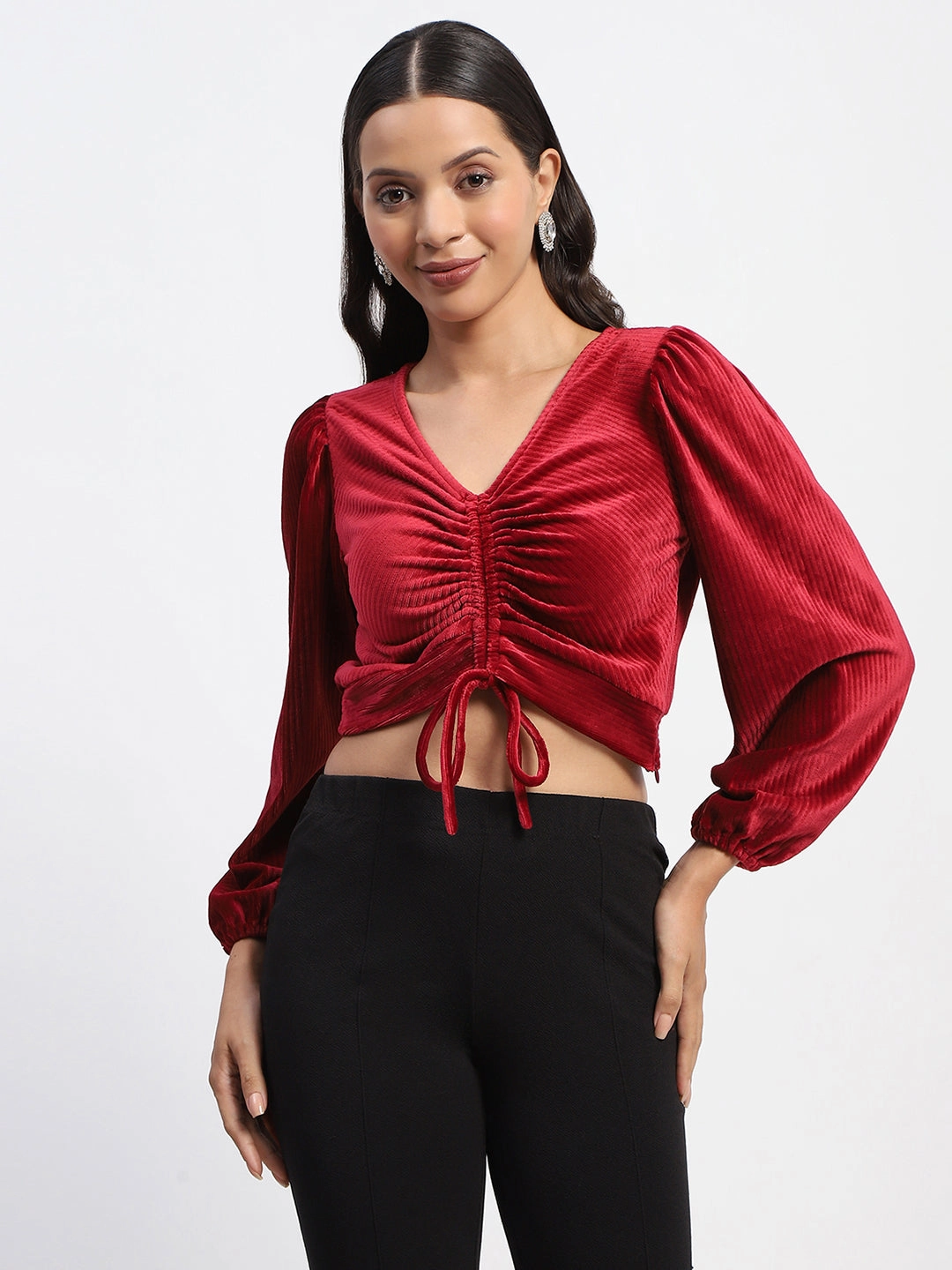 Madame Ruched V Neck Puff Sleeve Velvet Crop Top Temperature Regulating Fabric
