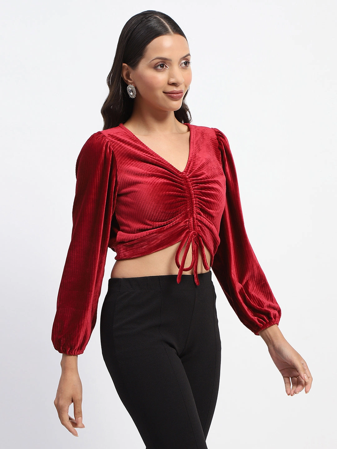 Madame Ruched V Neck Puff Sleeve Velvet Crop Top BambooBlend