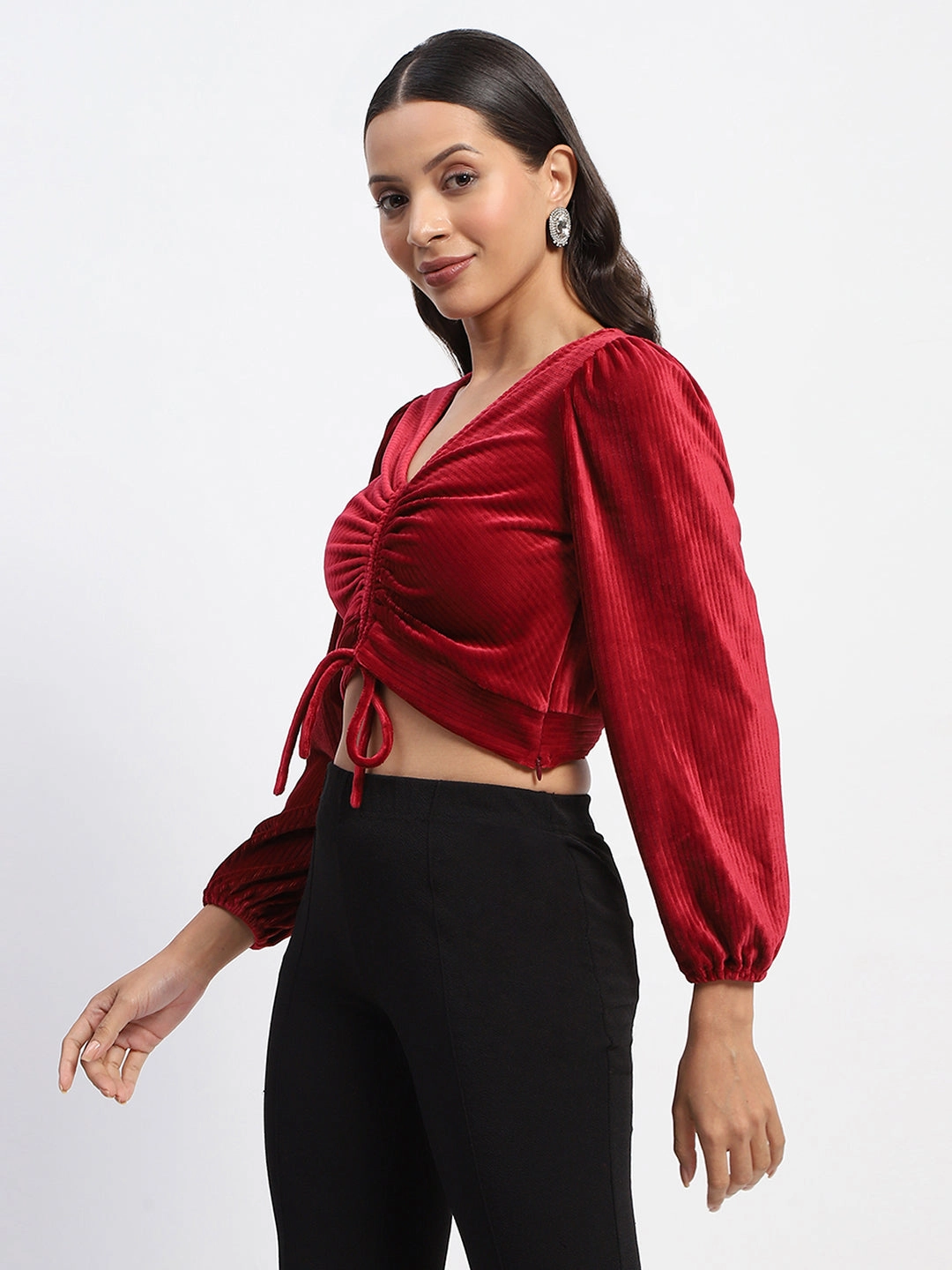 Madame Ruched V Neck Puff Sleeve Velvet Crop Top ribbed texture UV protection layer