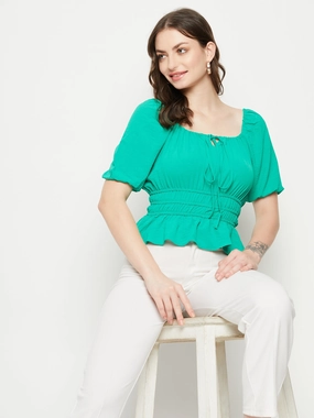 Cozy Sweater Madame Ruched Waist Tie-Front Green Peplum Top