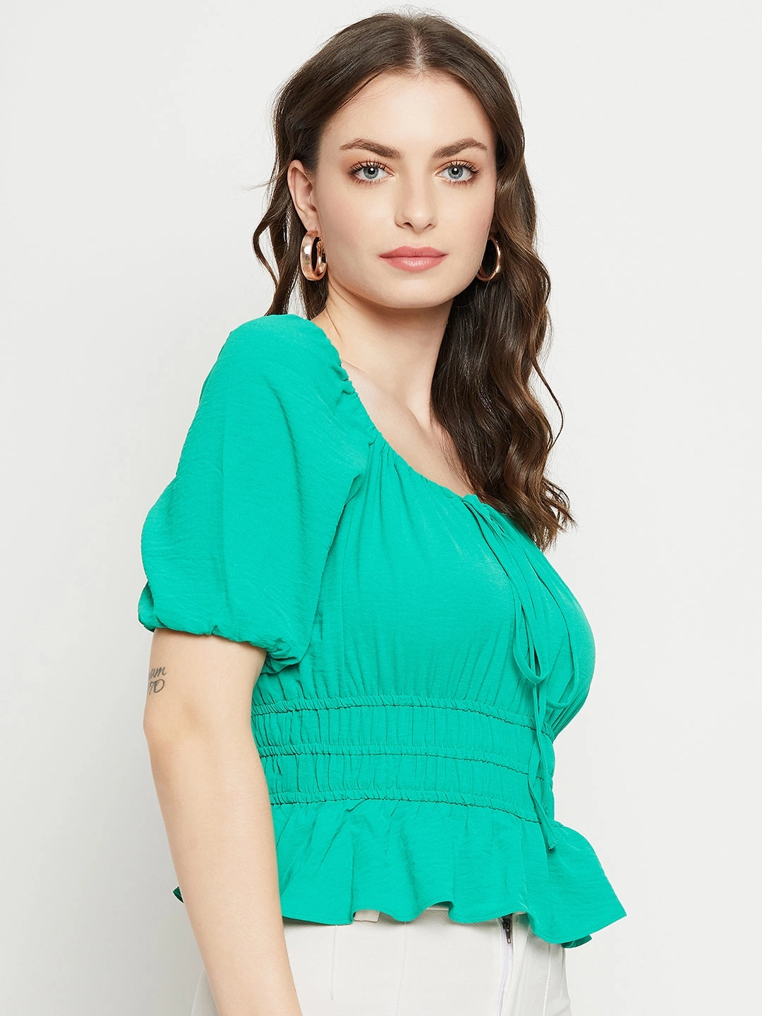 Madame Ruched Waist Tie-Front Green Peplum Top AntiSnagYarnProcessing