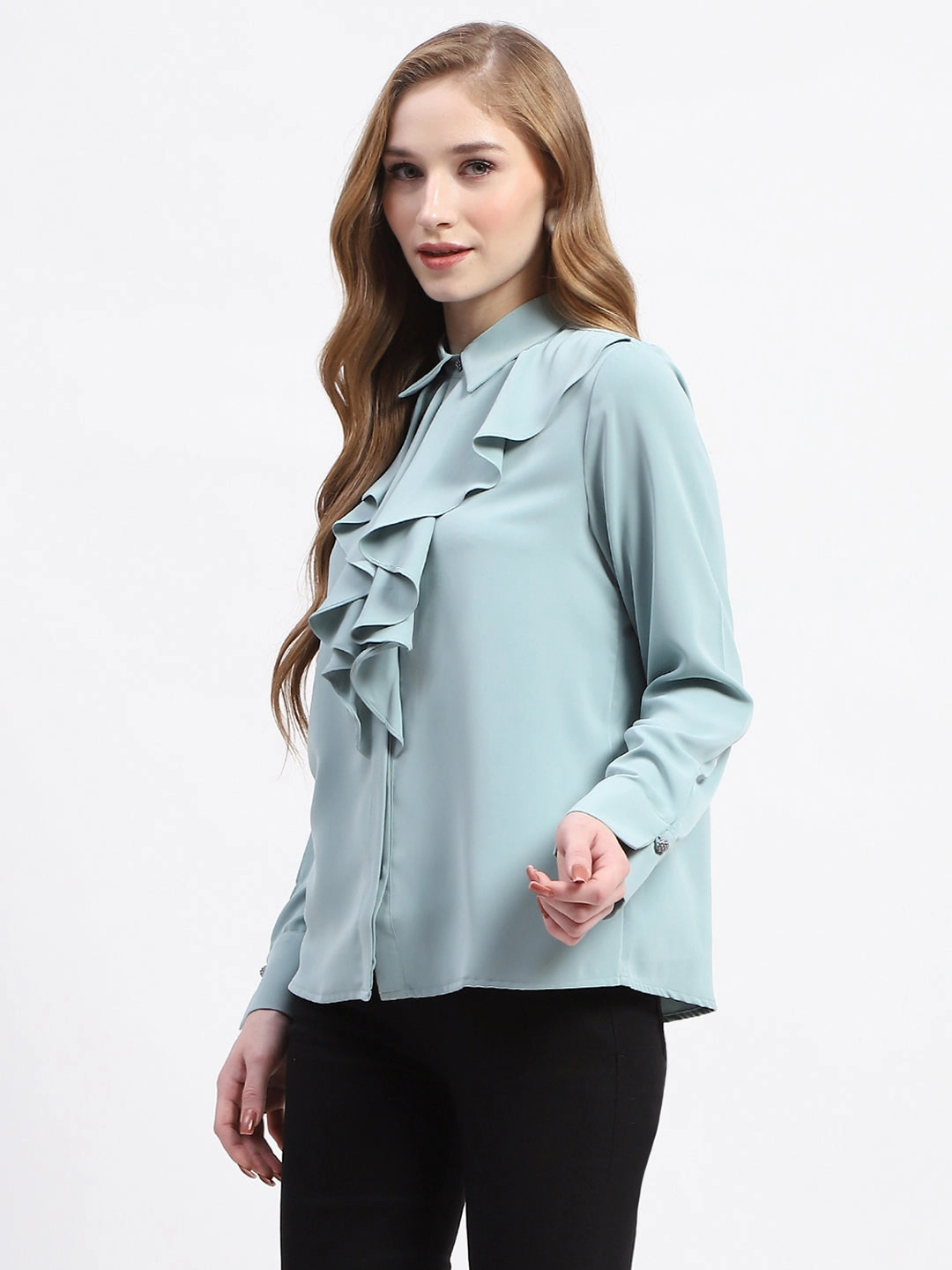 High-End Finish Versatile Clothing Madame Ruffle Collar Solid Grey Shirt