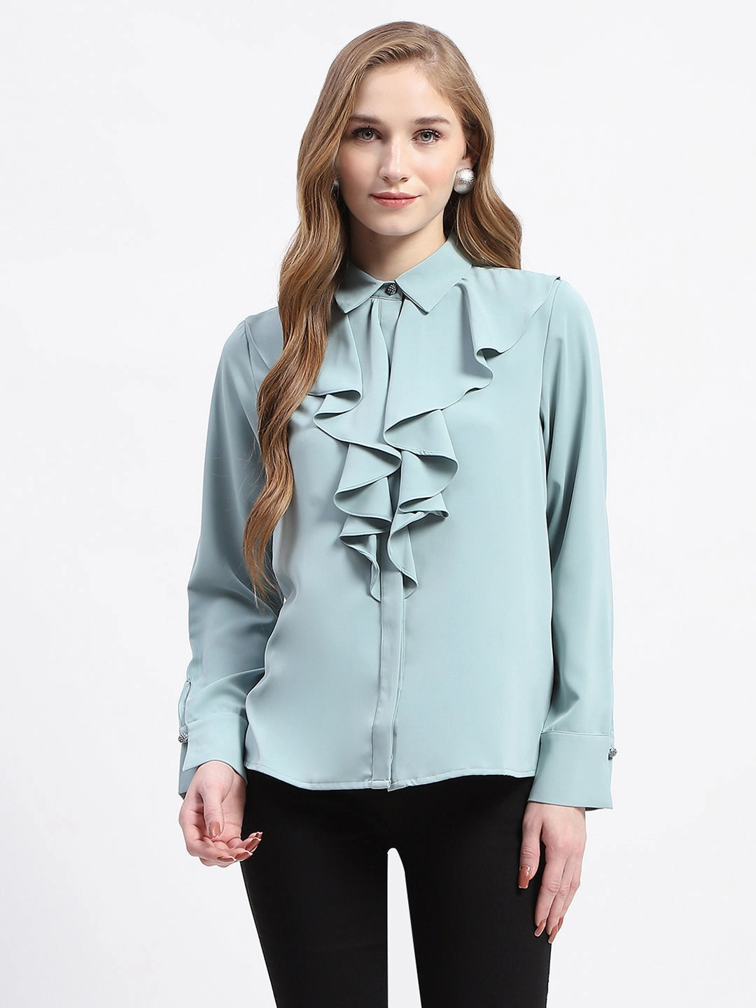 Madame Ruffle Collar Solid Grey Shirt Loose Comfort Hypoallergenic Lining