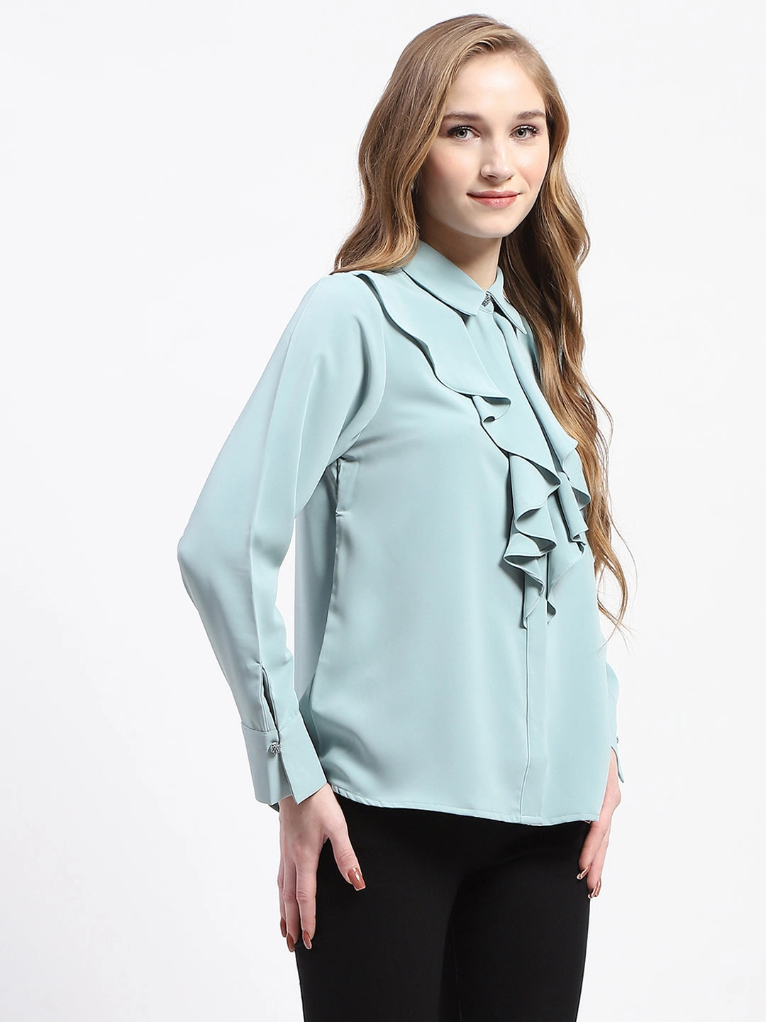 Madame Ruffle Collar Solid Grey Shirt Trendy Comfort