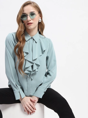 Polished Look Tear Resistant Reinforcement Madame Ruffle Collar Solid Grey Shirt