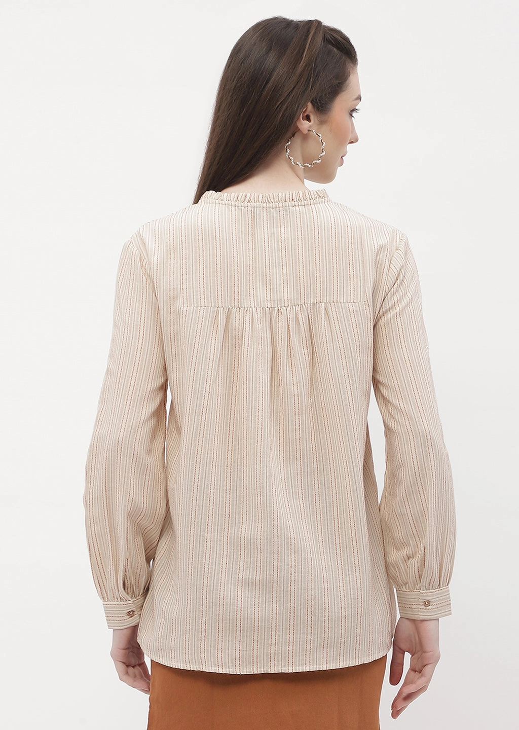 Weighted Hem Trim Madame Ruffle Mandarin Collar Beige Striped Top