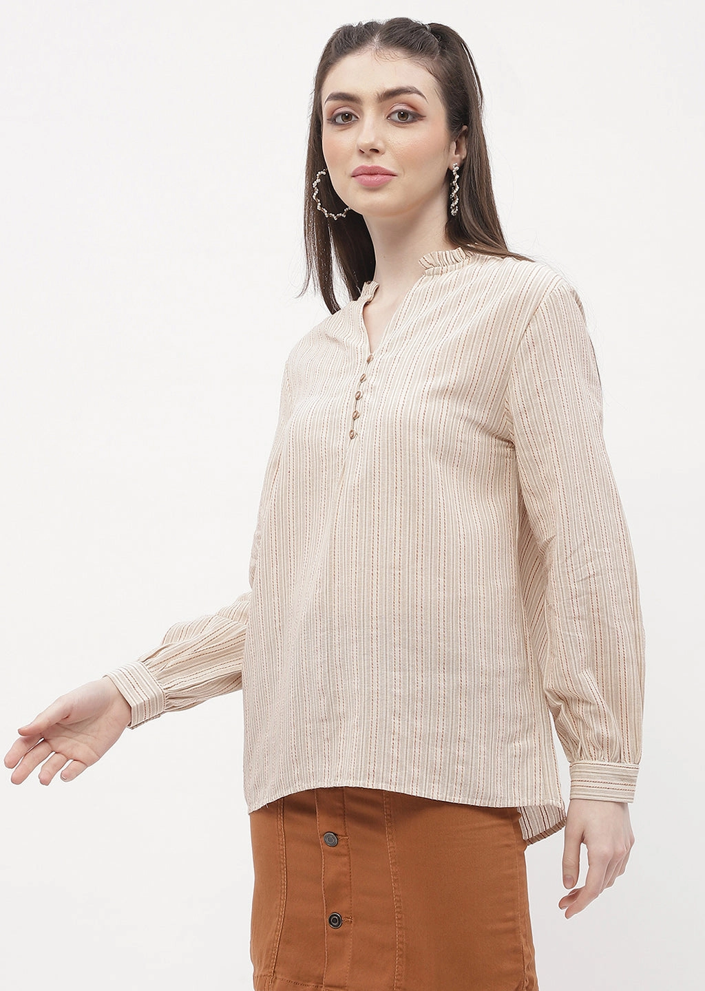 Madame Ruffle Mandarin Collar Beige Striped Top Printed top