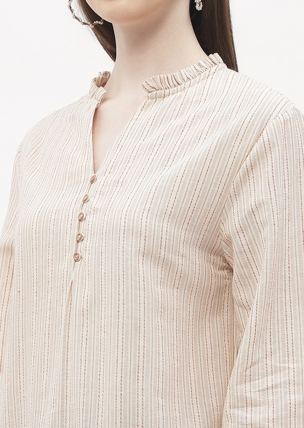Madame Ruffle Mandarin Collar Beige Striped Top CompactSize