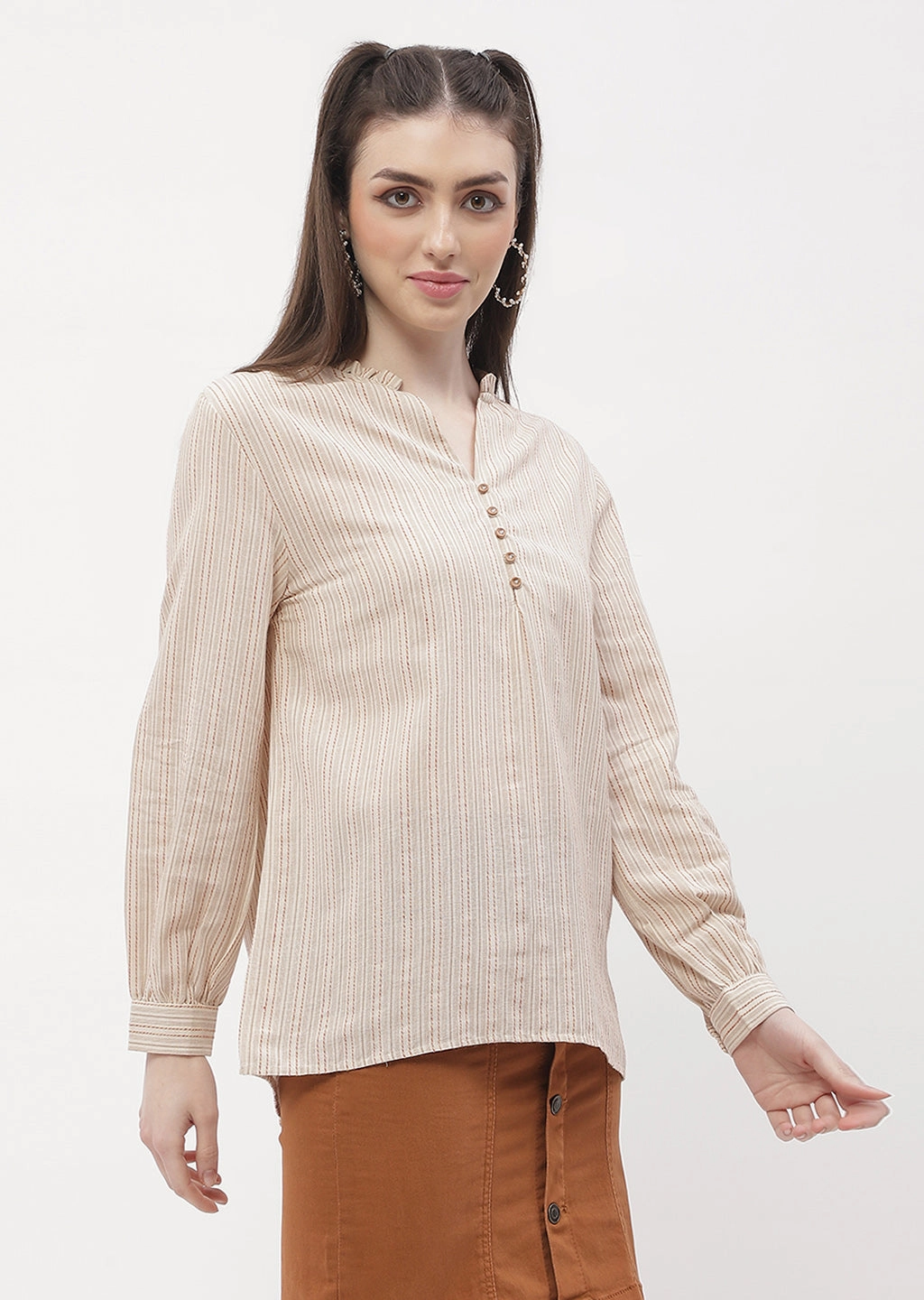 Madame Ruffle Mandarin Collar Beige Striped Top UVProtective Coating NoSlip Grip
